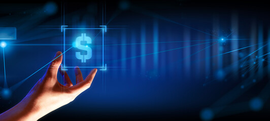 hand of businessman interactive touching a holographic of transaction financial network data...