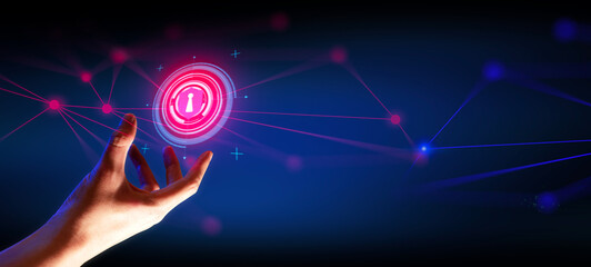 hand of businessman interactive touching a holographic of transaction financial network data...