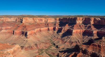 Steep canyon landscape with layered red rocks under clear blue sky