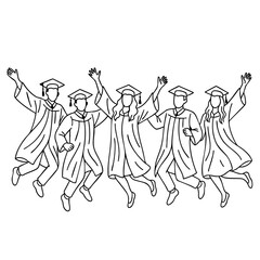 Obraz premium Vector line art of group of graduates jumping in joy wearing academic gowns and caps