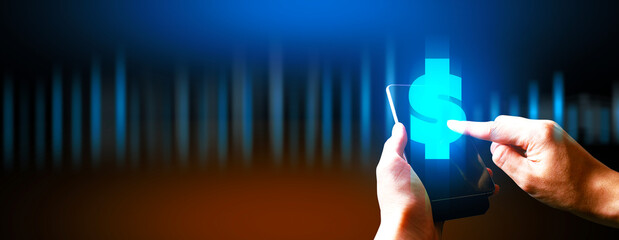 hand of businessman interactive touching a holographic of transaction financial network data...