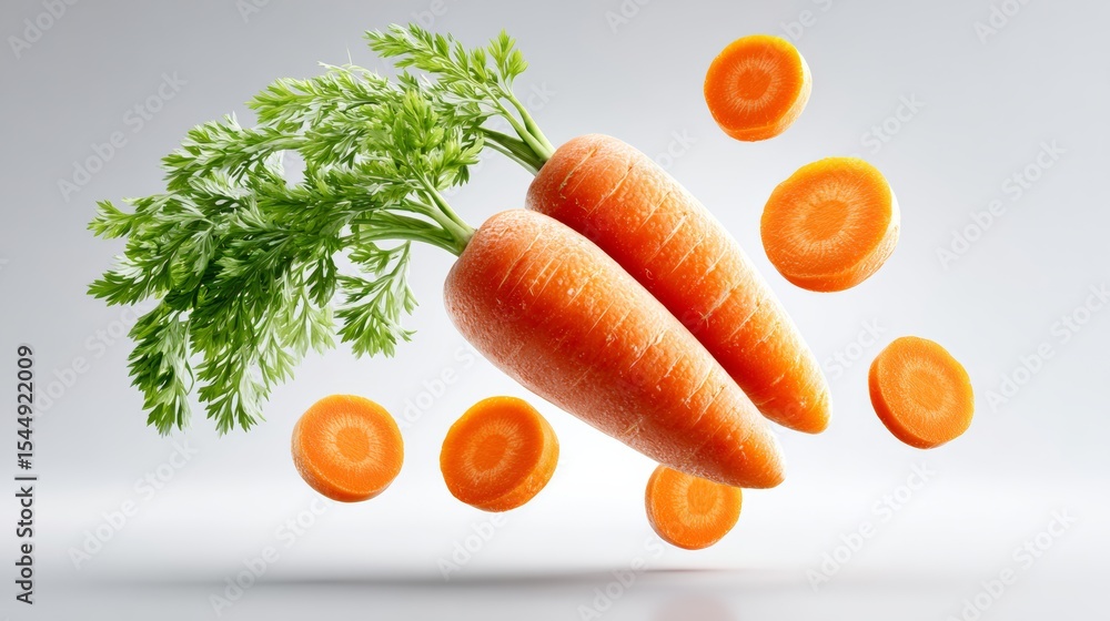 Poster carrot is shown with its stem and a few carrot slices. the carrot is the main focus of the image, an