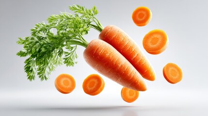 Carrot is shown with its stem and a few carrot slices. The carrot is the main focus of the image, and the slices are scattered around it. Concept of freshness and health