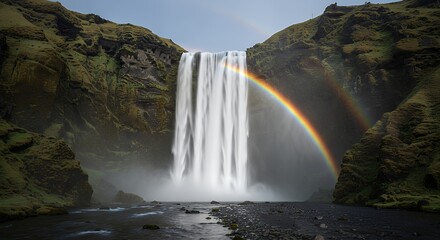 Icelandic waterfall crashing into rocks with rainbow