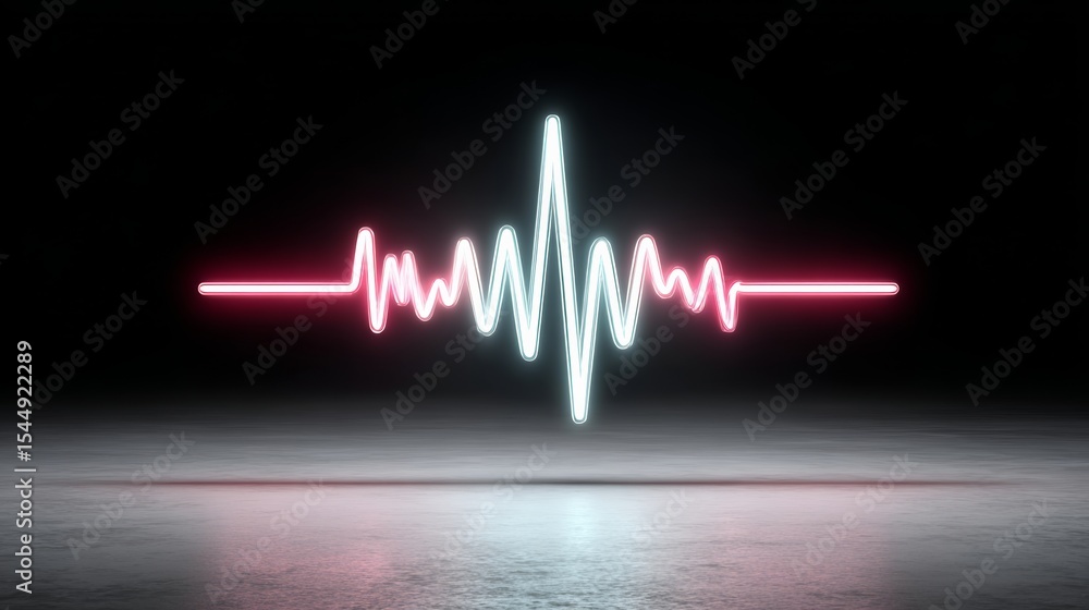 Poster neon red and blue waveform with a black background. the waveform is pulsating and has a futuristic f