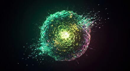 Abstract luminous sphere with fragmented details against a dark backdrop