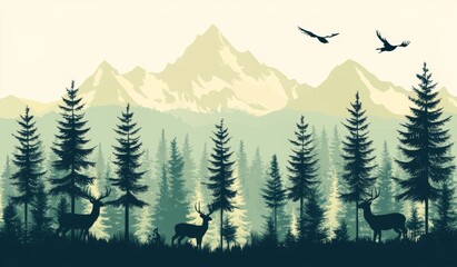 Fototapeta premium Silhouettes of two deer are set against a modern atmospheric landscape that includes mountains, hills, and forest
