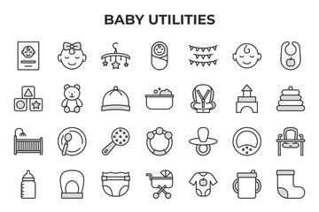 Baby & Newborn Utilities Vector Icon Set - Editable Line Weight - Baby, Passport, Head, Mobile, Swaddle, Bunting, Bib, Blocks, Teddy Bear, Hat, Bathtub icons