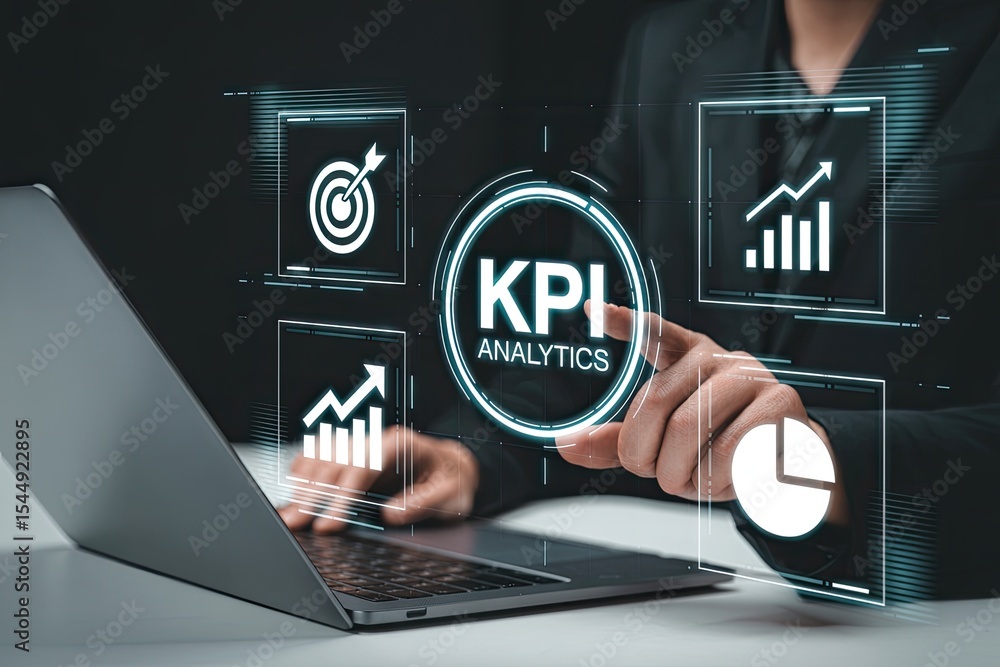 Poster businessperson analyzing kpi analytics on laptop with interactive dashboard