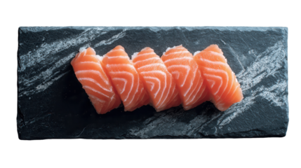 Sushi Delight: A top-down shot of meticulously crafted sushi, showcasing the fresh, vibrant slices of salmon arranged artfully on a sleek, dark slate. Evoking a sense of culinary artistry.