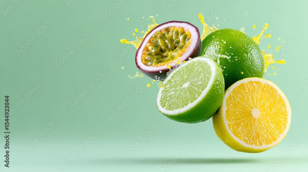 Poster close up of a lime and a lemon with a splash of juice. the lime is cut in half and the lemon is cut 