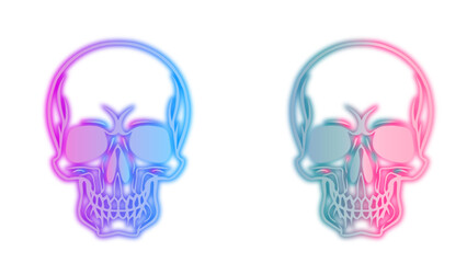 Dual neon skull designs with captivating gradient hues of blue, pink, and purple, perfect for edgy, Halloween, or vibrant artistic themes with a transparent background.

