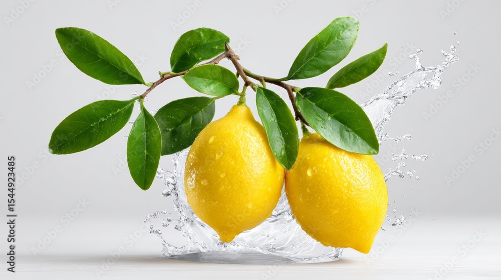 Poster two lemons are on a branch with water droplets surrounding them. the water droplets create a sense o