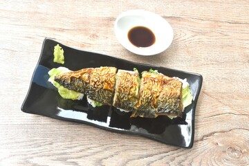 Namizen sushi or slice grilled saba mackerel fish Japanese food topping canbbage dressing wasabi...