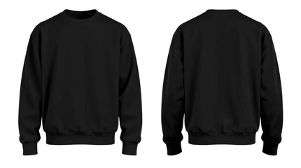 Black sweatshirt in front and back view, mockup isolated on transparent background