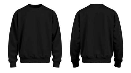 Black sweatshirt in front and back view, mockup isolated on transparent background