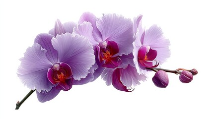 Three purple orchids are arranged in a row on a white background. The flowers are large and vibrant, with a mix of purple and pink hues. The arrangement gives off a sense of elegance and beauty