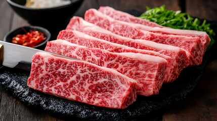 Skilled butcher slicing premium wagyu beef kitchen food photography rustic setting close-up view culinary artistry