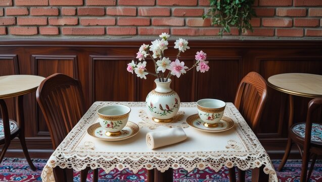 Elegant tea set on a lace tablecloth in a vintage-style cafe. - Powered by Adobe