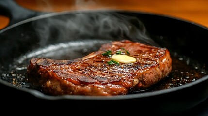 Fototapeta premium Sizzling wagyu steak cooking in cast iron pan gourmet kitchen slow-motion food capture culinary delight close-up view