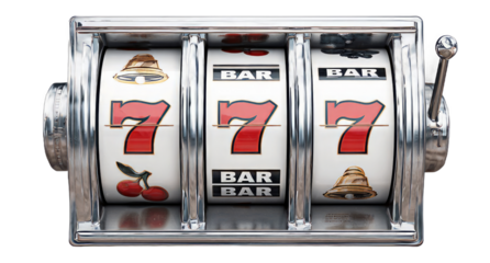 Classic Slot Machine with Red Sevens and Fruit Symbols on White Reels for Casino and Gaming Promotions