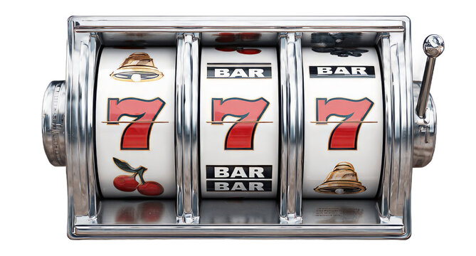 Classic Slot Machine with Red Sevens and Fruit Symbols on White Reels for Casino and Gaming Promotions
