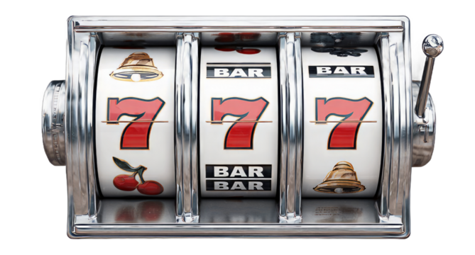 Classic Slot Machine with Red Sevens and Fruit Symbols on White Reels for Casino and Gaming Promotions