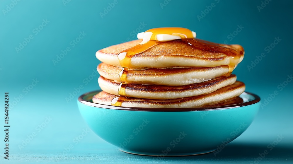Aufkleber stack of pancakes with butter and syrup on top of each other. the pancakes are piled high in a blue 