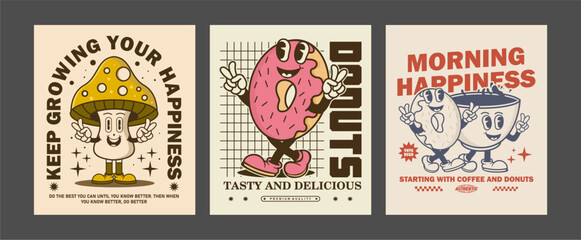 Cartoon character mascot set featuring donut, mushroom, and coffee cup in retro vector style. Perfect for sticker, print, t-shirt, apparel, and more
