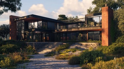 A cinematic shot of a futuristic industrial house featuring walls made from repurposed brick and metal