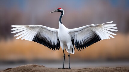 Obraz premium Large white crane with a red beak stands on a sandy beach. The bird's wings are spread wide, giving it a majestic appearance. Concept of freedom and grace, as the crane stands tall