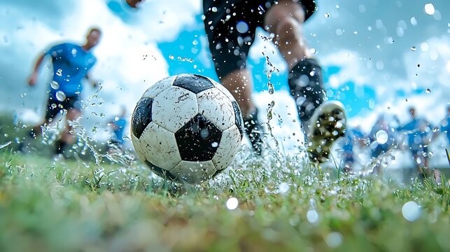 Street football action on gritty pitch urban location dynamic sports scene dramatic weather low-angle viewpoint for game enthusiasts