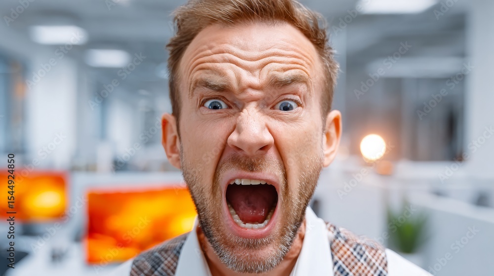 Poster man with a red face and open mouth. he is angry and yelling. the background is a white office with a