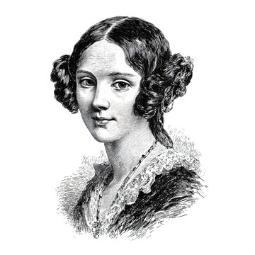 Black and white vintage engraving, close-up headshot portrait of Augusta Ada King Lovelace, the famous historical English mathematician and writer, white background, greyscale