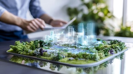 Architects collaborating on innovative city planning model urban environment digital visualization modern workspace teamwork concept