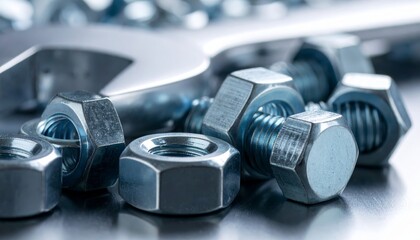 Close-up of Metal Nuts and Bolts with Wrench Tool on Surface