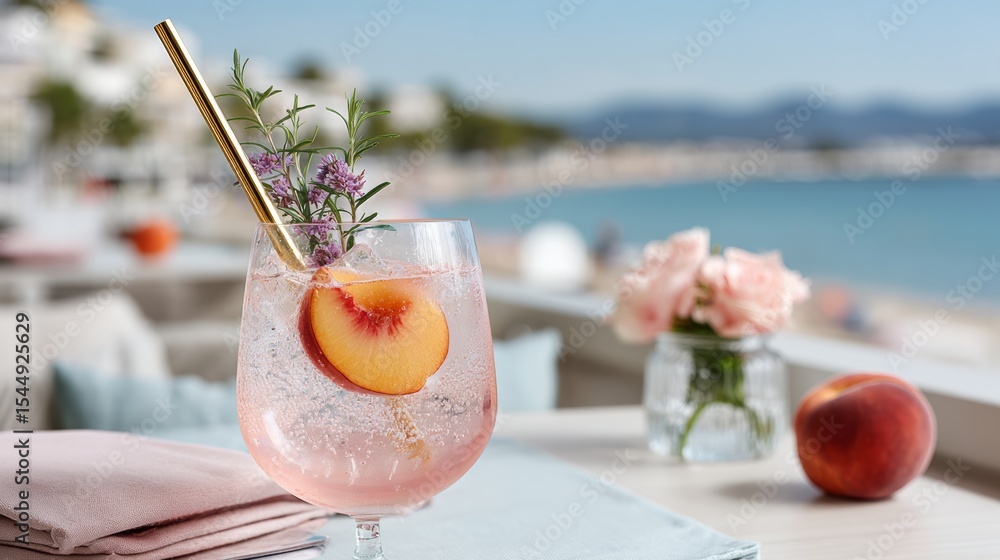 Poster glass of pink drink with a straw and a slice of peach on top. the drink is served on a table with a 