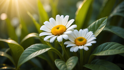 Two white daisies bloom in sunlight, surrounded by lush green leaves in a garden setting.
