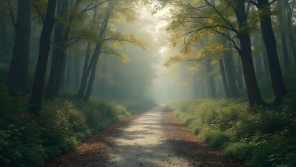 Obraz premium A path through a dense forest with heavy fog and trees