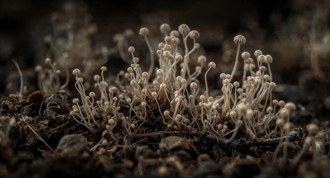 A cluster of tiny white stemmed mushrooms with spherical caps growing from dark soil ground level view