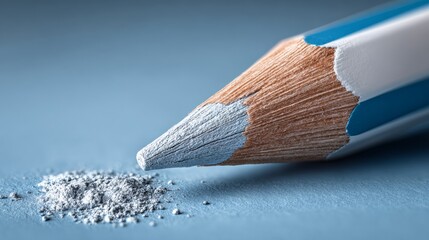 Pencil with a blue and white striped handle and a grey tip. The tip is broken off and laying on a blue surface