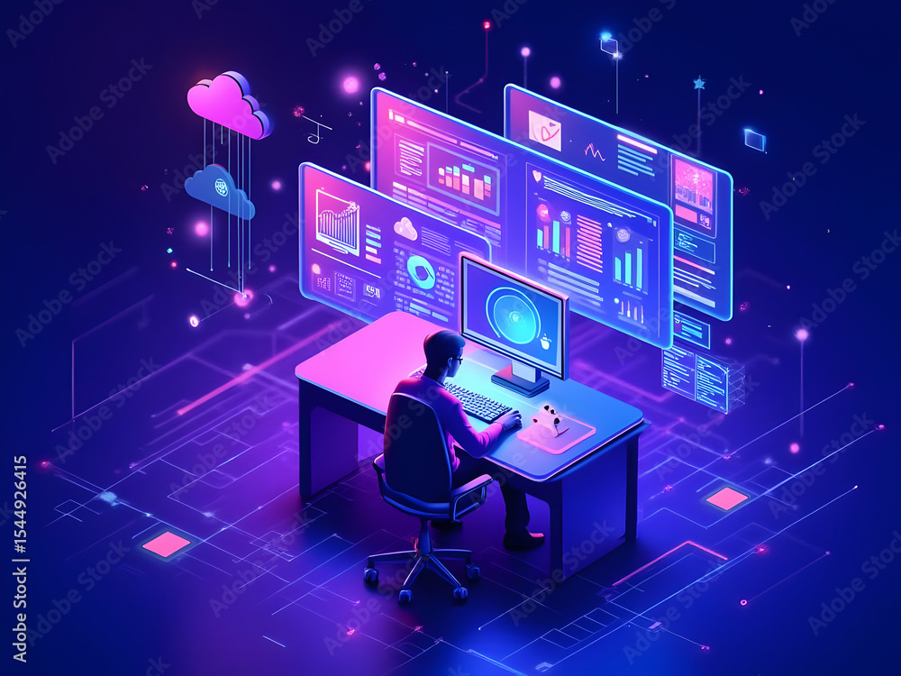 Poster person working at desk with multiple data visualizations