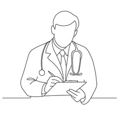 Fototapeta premium Vector line art of male doctor with stethoscope writing on clipboard, detailed minimalistic medical illustration for healthcare design