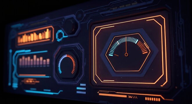 Futuristic control panel interface with glowing indicators and data displays - Powered by Adobe