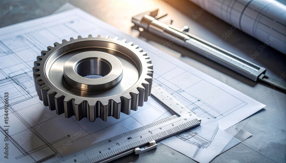 Poster precision engineering gear on blueprint with measuring tools