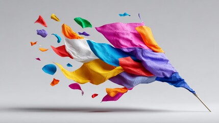 Flag made of colorful fabric is flying in the air. The flag is made up of many different colors, including red, blue, yellow, and green. The flag is in the process of being torn apart