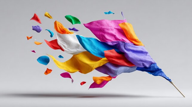 Flag made of colorful fabric is flying in the air. The flag is made up of many different colors, including red, blue, yellow, and green. The flag is in the process of being torn apart