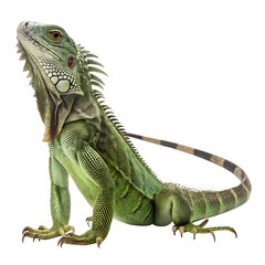 A green iguana sits upright, showcasing its distinctive scales and long tail. The background is black, emphasizing the iguana's vibrant color and features.