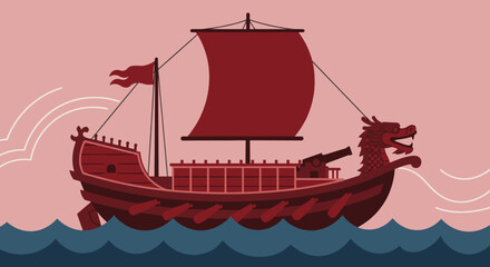 A traditional wooden dragon ship sailing through ocean waves, with large sails billowing in the wind.