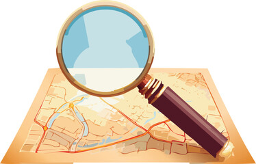 A vintage magnifying glass with a brass handle resting on a faded map, showing intricate cartographic details. The glass distorts the map beneath it, creating a sense of discovery and nostalgia